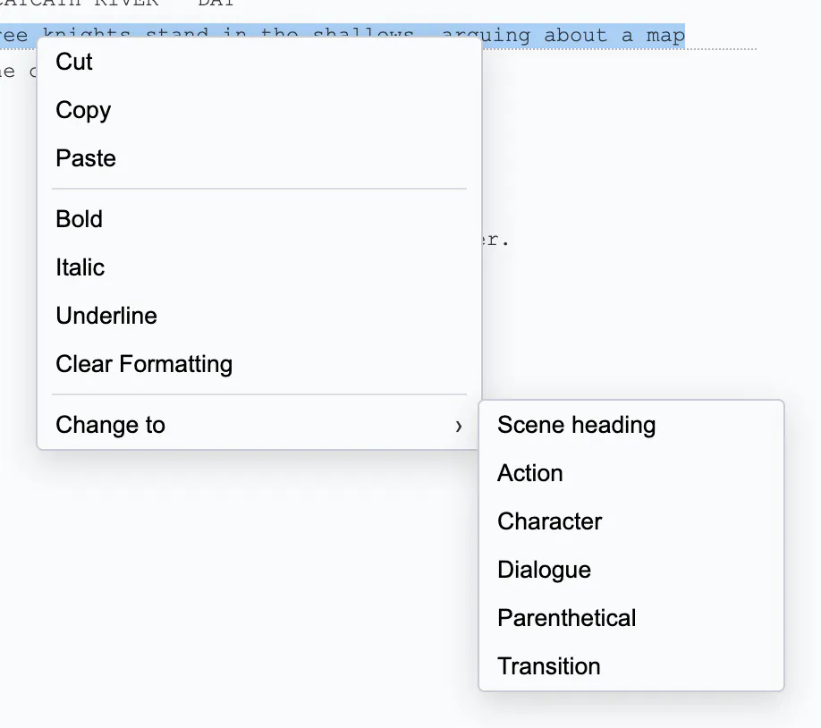 Change to submenu in the Write Mode context menu listing the six screenplay blocks